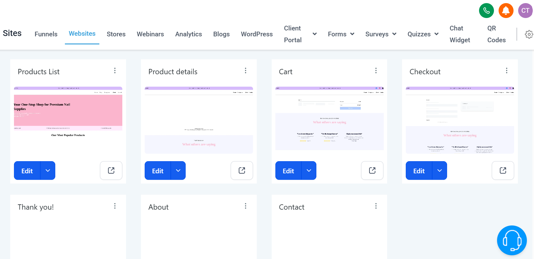 Screenshot showing the feature of website creation for a small business 