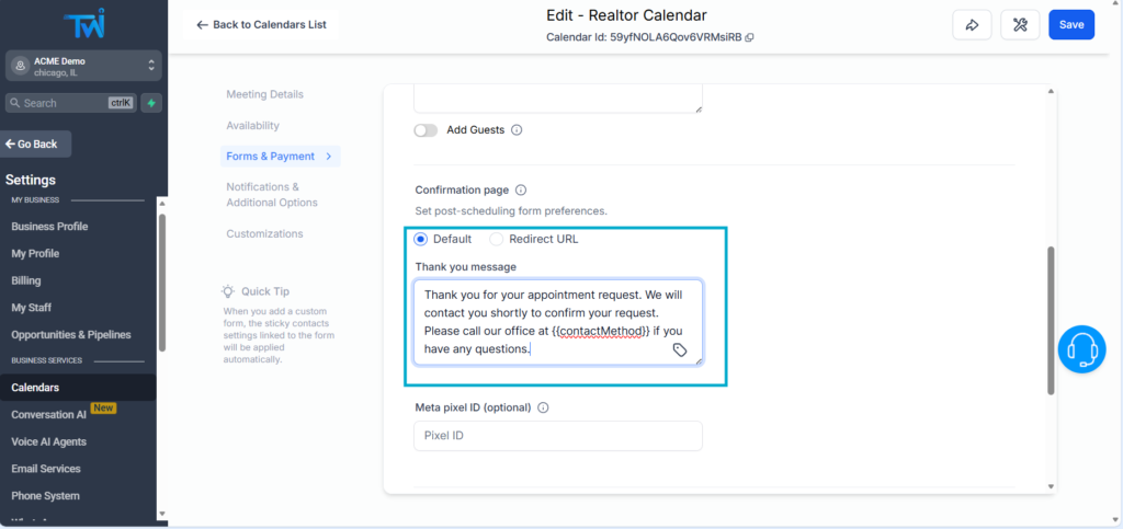 change confirmation page calendars twilead