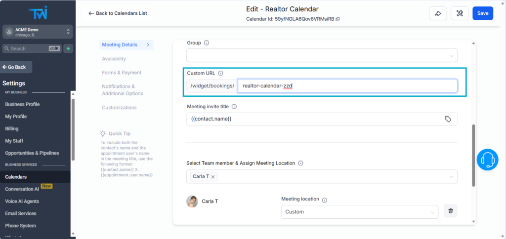 customize url booking calendars twilead