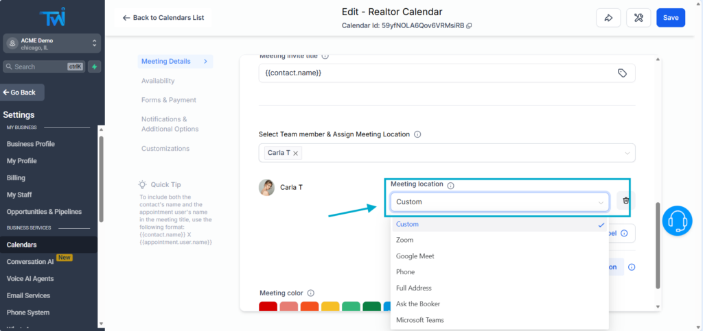 customize twilead booking calendar